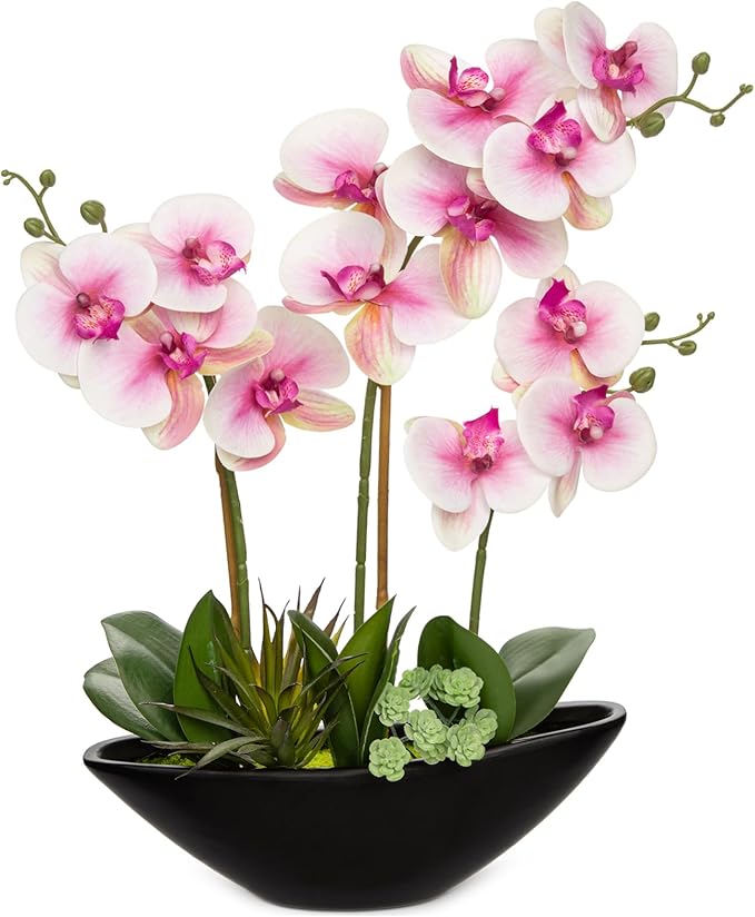 Briful Pink Orchid Fake Flowers 17in Artificial Orchid Silk Flowers in Black by Briful