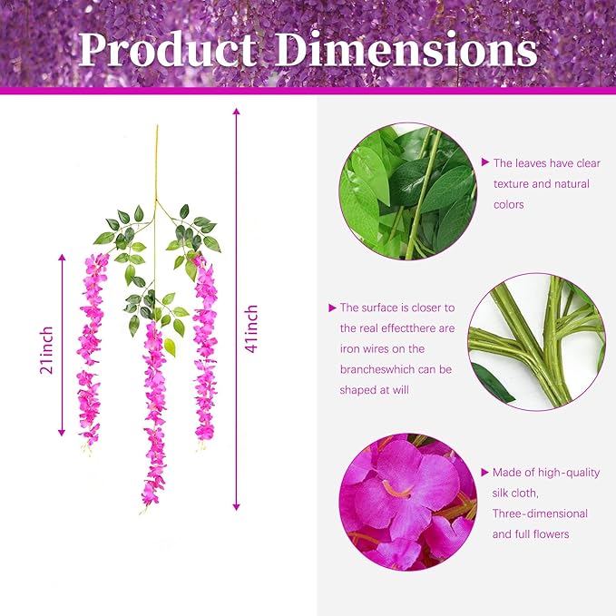 24 Pack Purple Red Wisteria Hanging Flowers, 3.4 Ft Fake Hanging Flowers - Image 2