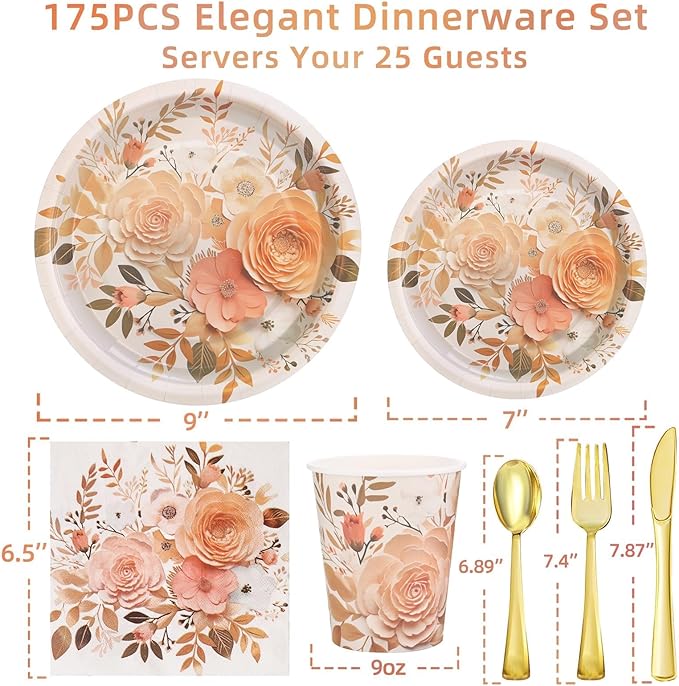 175PCS Floral Plates and Napkins Sets, Floral Party Supplies Plates, Napkins - Image 3
