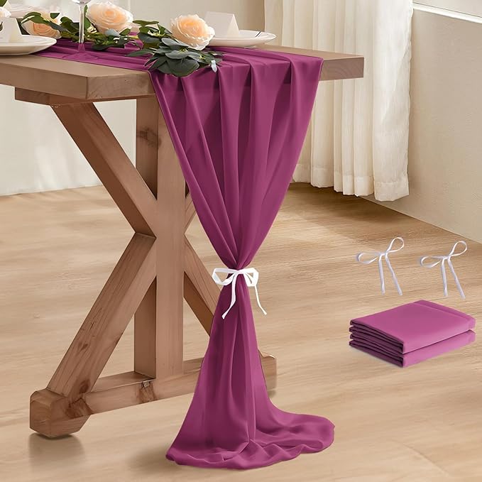 2 Pack 10 Ft Chiffon Table Runner Fuchsia Gauze Long Table Runners 27x120 by BEELIFY