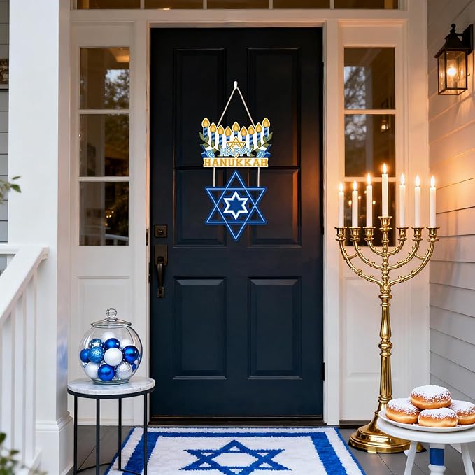 CHDITB Happy Hanukkah Shalom Front Door Sign, Wooden Jewish Festival of Light - Image 6
