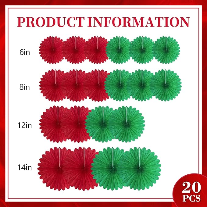 20 Pcs Red Green Hanging Paper Fan, Hanging Honeycomb Round Paper Fans - Image 2