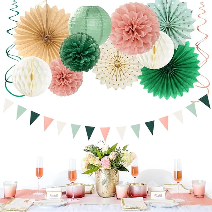 Sage-Green Pink Party-Decorations Paper-Flowers Lanterns - Image 3