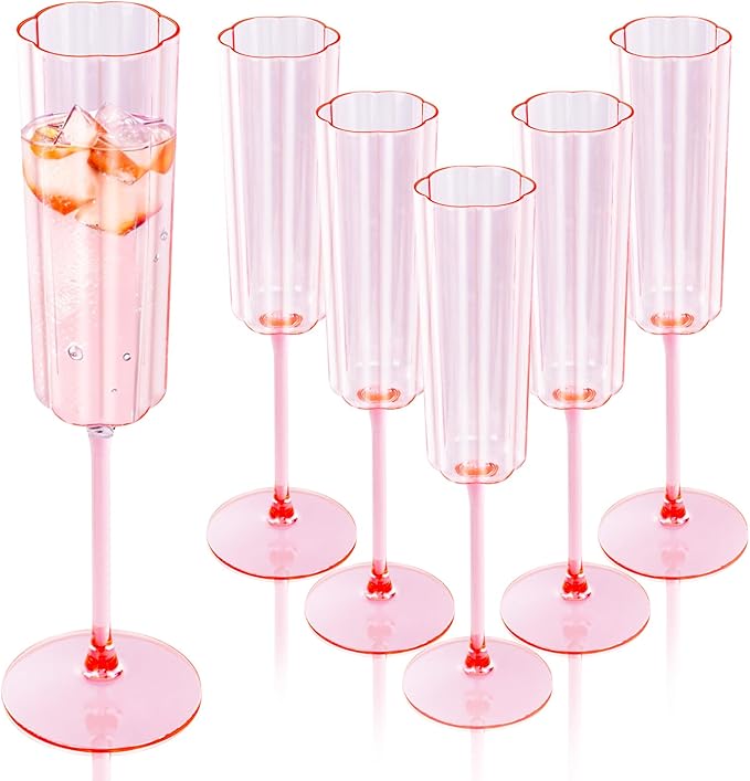 Ciaell 24 Pack Pink Plastic Champagne Flutes - 6 Oz Flower Wavy Champagne by Ciaell