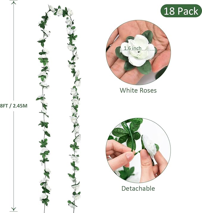 KHOYIME 18 Pack 144 FT Artificial Flower Garland, Fake White Roses Vines Silk - Image 3