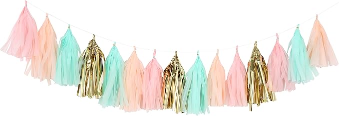 Fonder Mols Tissue Paper Tassels, Pastel Peach Pink Mint Green Tassel Garland by FonderMols