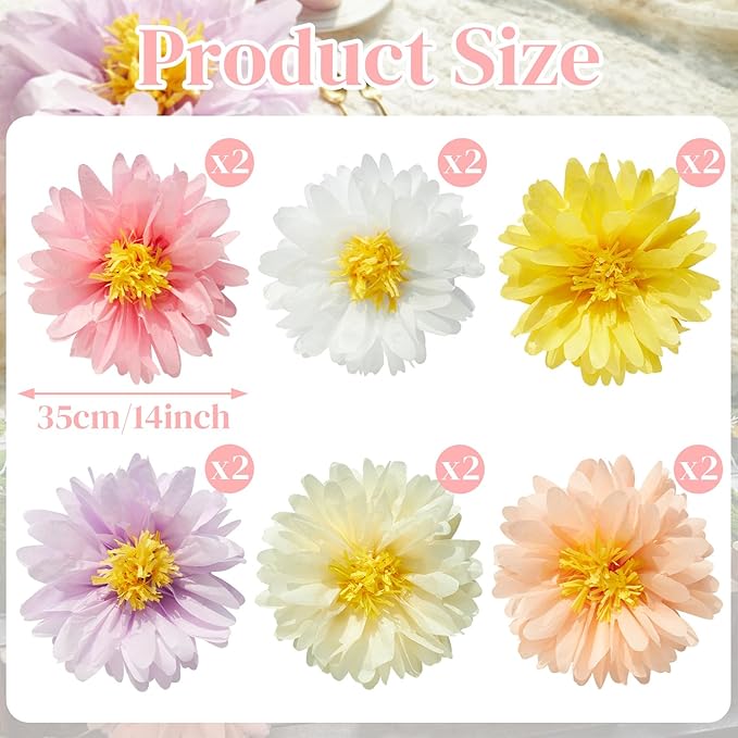 12 Pcs Daisy Tissue Paper Pom Poms Party Decorations Colorful Tissue Flowers - Image 2