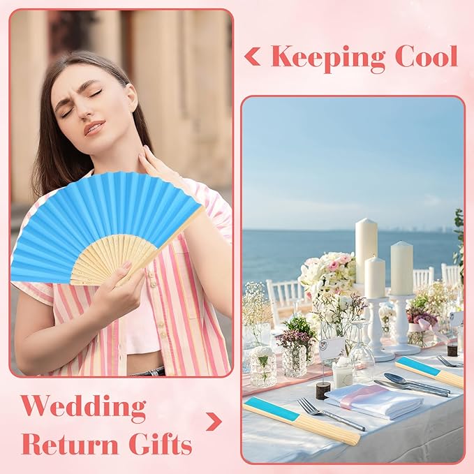 12 Pieces Blue Hand Held Bamboo Folding Fans Paper Fans Handheld - Image 5
