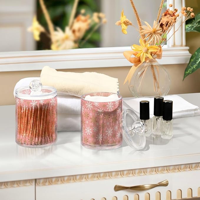 Gredecor 2 Pack Qtip Holder Clear Christmas Golden Pink Snowflakes Apothecary - Image 7