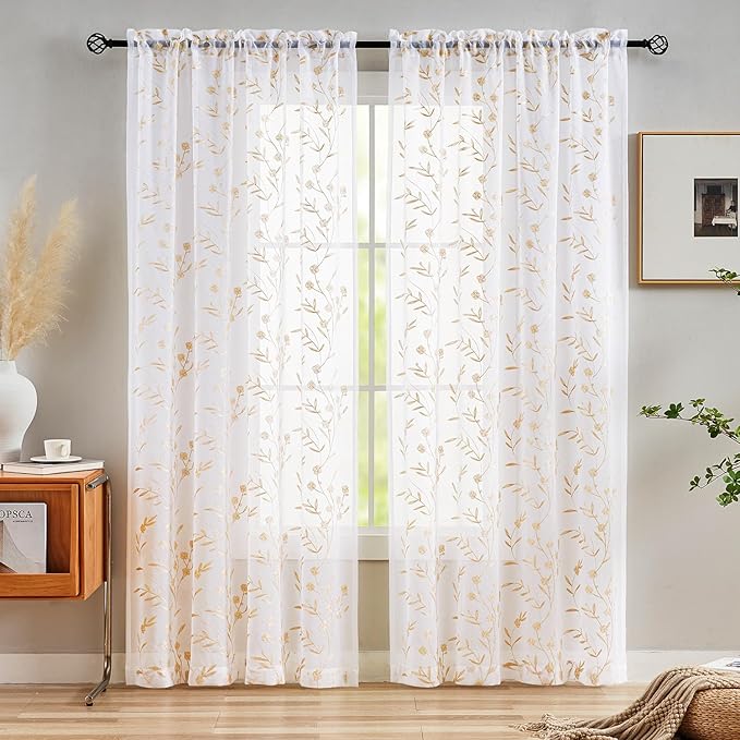 Sheer Curtains White-Beige 95 Inches, Embroidery Floral Pattern Window by MYSTIC-HOME