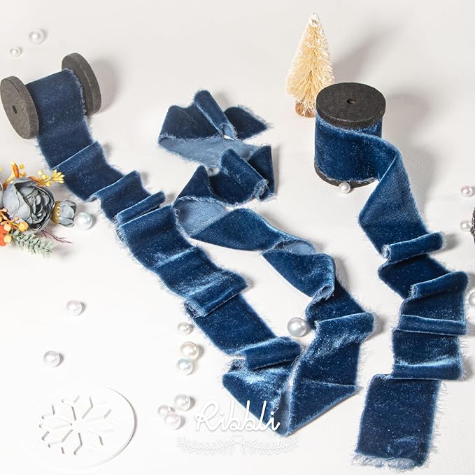Ribbli Ocean Blue Velvet Ribbon 1.5 Inch Handmade Frayed Vintage Christmas - Image 2