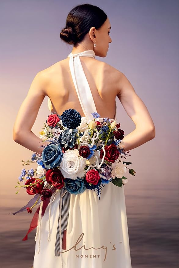 Ling's Moment Navy Blue Red Bridal Bouquet - Image 3