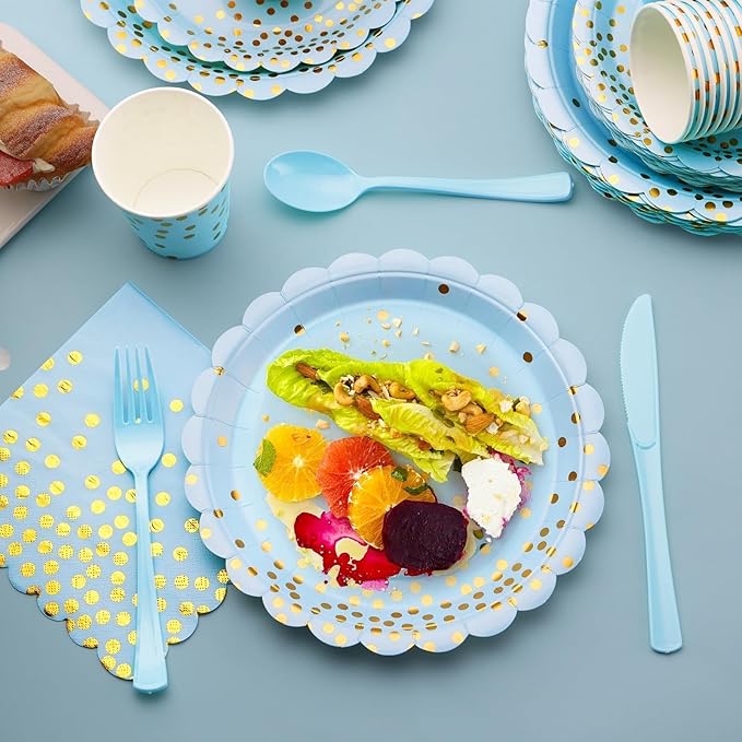 Blue and Gold Party Decorations 175PCS Light Blue Paper Plates and Napkins and - Image 5