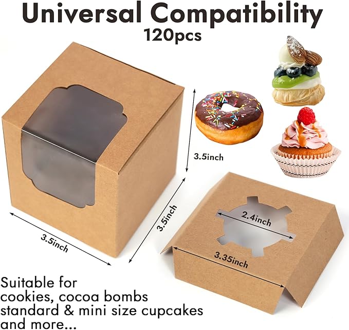 JCD 120pcs Cupcake Boxes, 3.5inches Individual Pre-Assembled Kraft Brown - Image 2