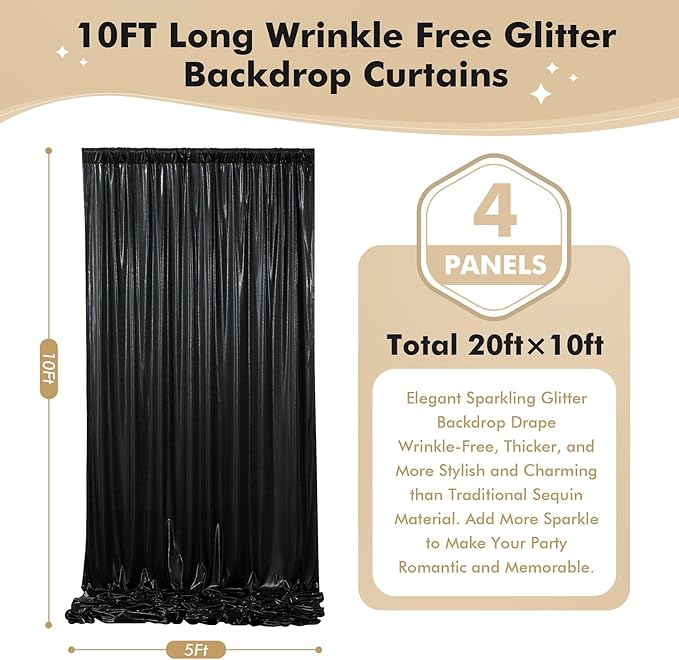 20ftx10 ft Black Glitter Sequin Backdrop Curtain - Image 5