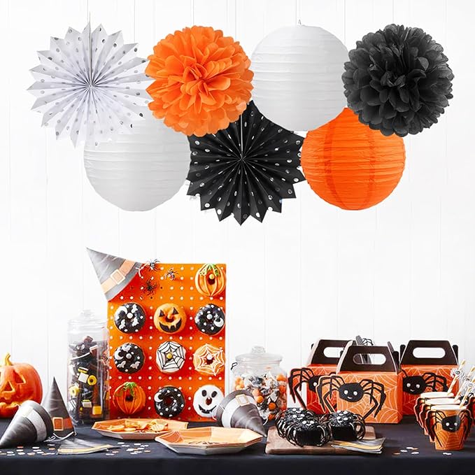 Orange-Black White Party-Decorations Paper-Flowers Lanterns - Image 5