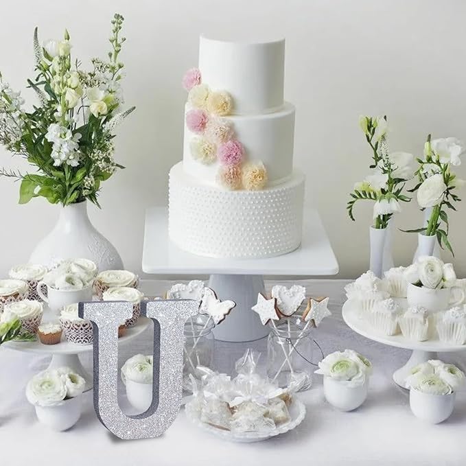 TONIFUL 8 Inch Silver Glitter Letter U Table Centerpiece A-Z Silver Birthday - Image 5