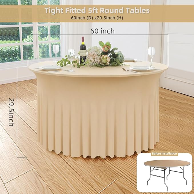 6 Pack Champagne Round Spandex Tablecloth 60 Inch, Wrinkle Free Stretch 120 - Image 6