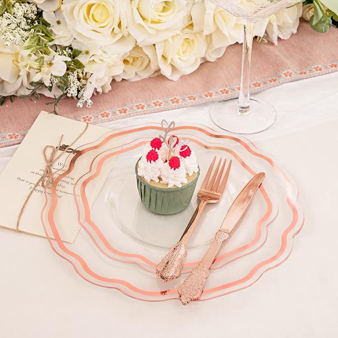 NOCCUR 150PCS Rose Gold Plastic Plates&Rose Gold Silverware-Include 30Dinner - Image 2
