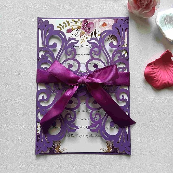 25PCS Dark Purple Laser Cut Wedding Invitations Cards - Image 2