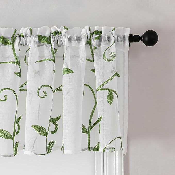 VISIONTEX Sheer Voile Curtain Valances, Decorative Leaves Embroidered, Rod - Image 2