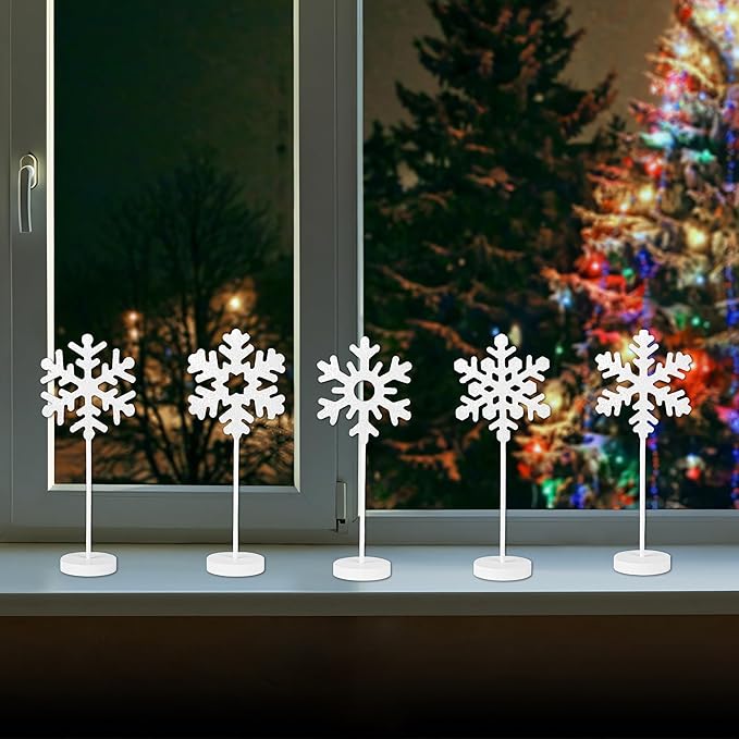 5 Pcs Wooden Christmas Snowflake Sign Winter White Glitter Snowflake - Image 8