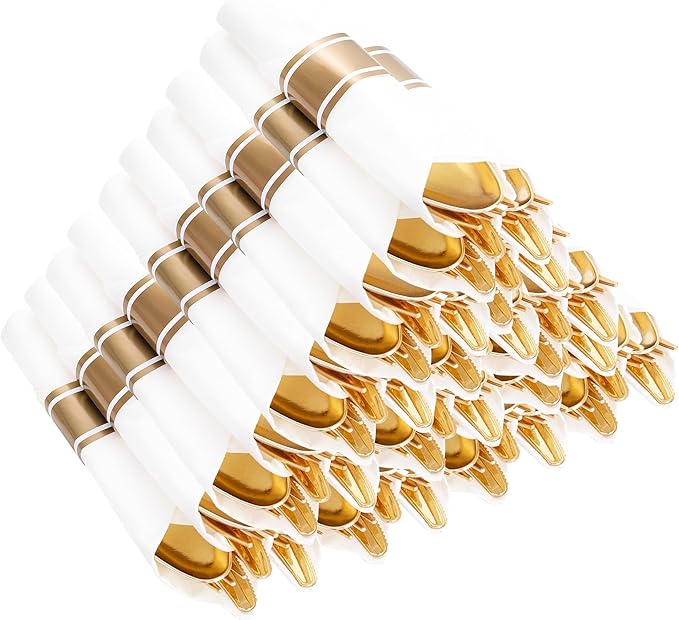 400PCS Pre Rolled Gold Plastic Silverware Sets by Joyido
