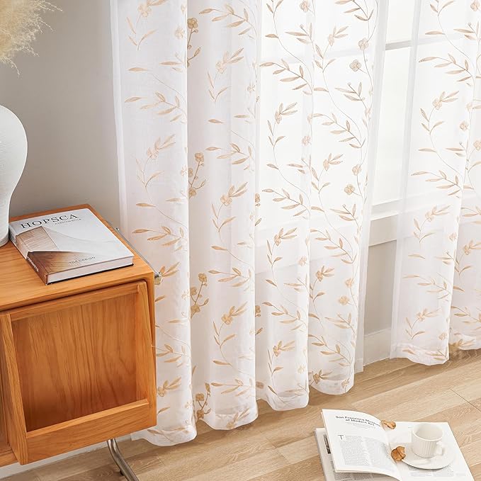 Sheer Curtains with Desin White-Beige Floral Embroidery 84 Inch Long Rod Pocket - Image 4
