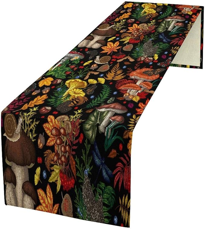 Nature Mushroom Table Runner, Retro Boho Floral Botanical Plant Forest Pattern by Kurtect