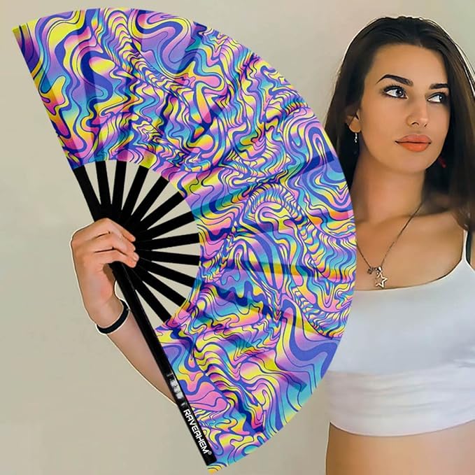 UV Glow Rave Fan, Bamboo Folding Clack Hand Fans Foldable - Image 5