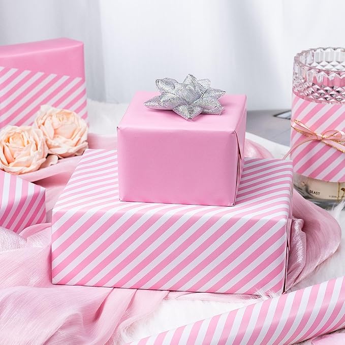 Burymento Pink and White Stripes Wrapping Paper, Reversible Pink Gift Wrap - Image 3
