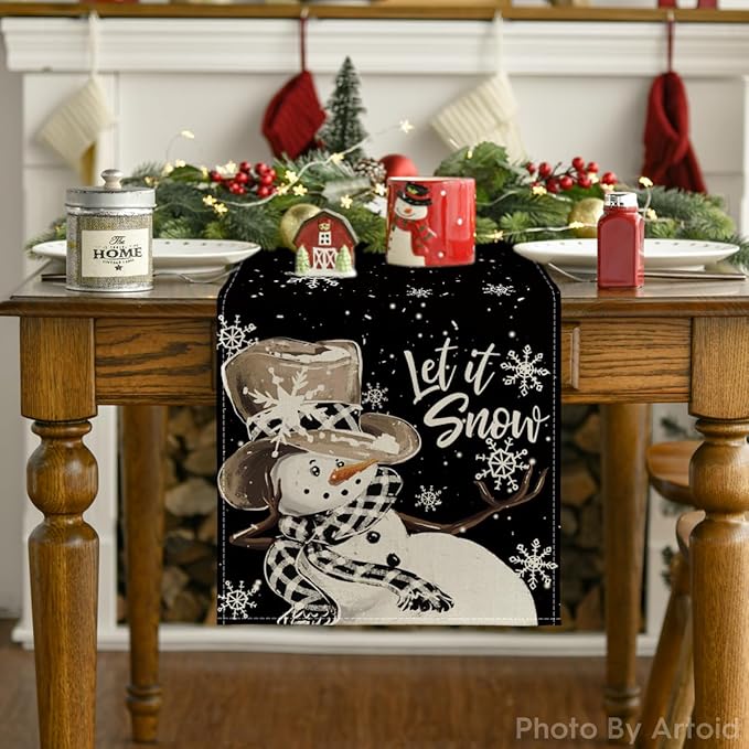 Artoid Mode Black Snowman Snowflake Let it Snow Winter Table Runner, Christmas - Image 7