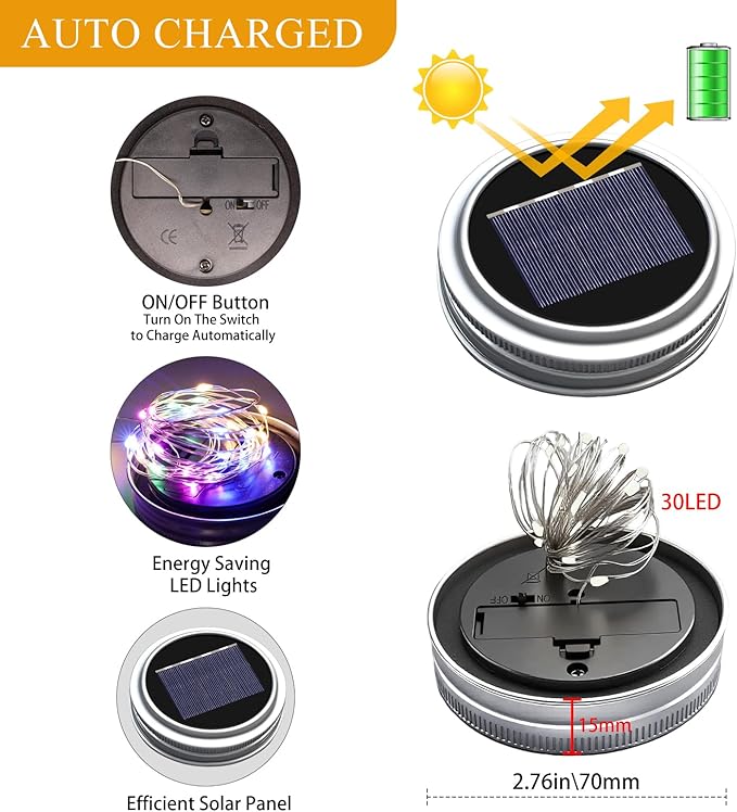 Solar Mason Jar Lights, 12 Pack 30 LED Firefly Fairy String Lights, Waterproof - Image 2