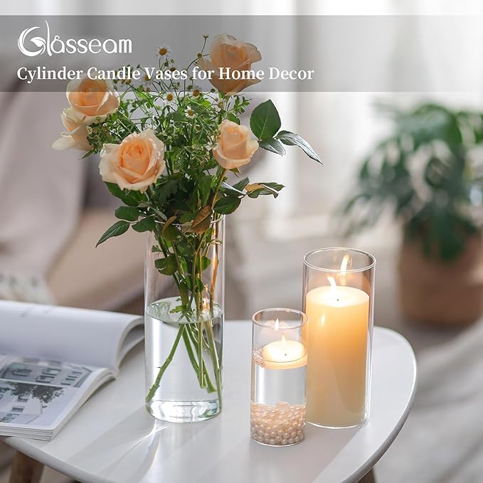 Glasseam Cylinder Vases Set of 12, Hurricane Candle Holder Clear Assorted Sizes - Image 4