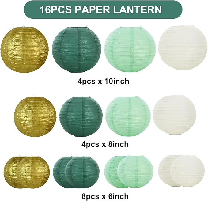 BEISHIDA 16 Pcs Sage Green Gold Paper Lanterns, Hanging Decorative Chinese - Image 2