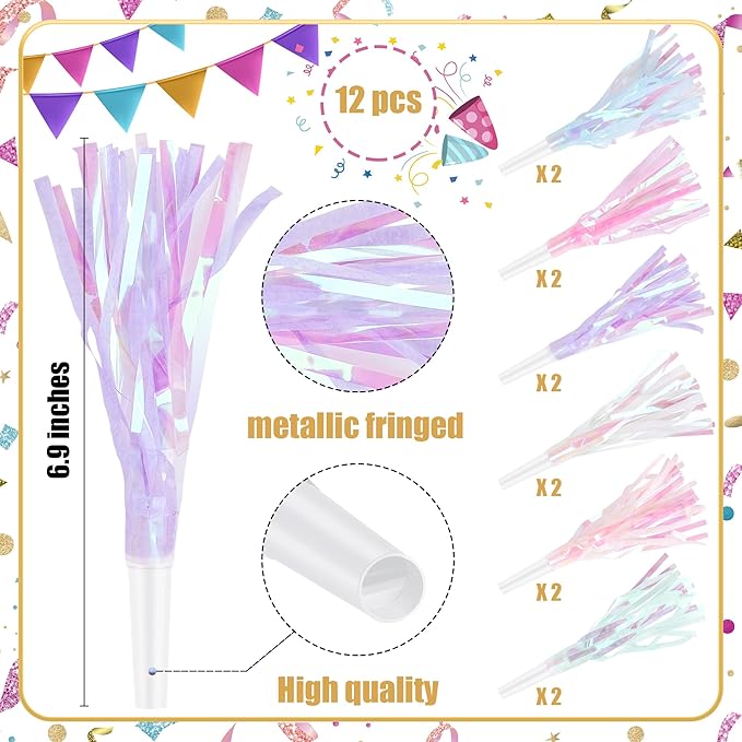12 Pcs Party Blowers Glitter Noise Makers Metallic Fringed Party Horns - Image 2