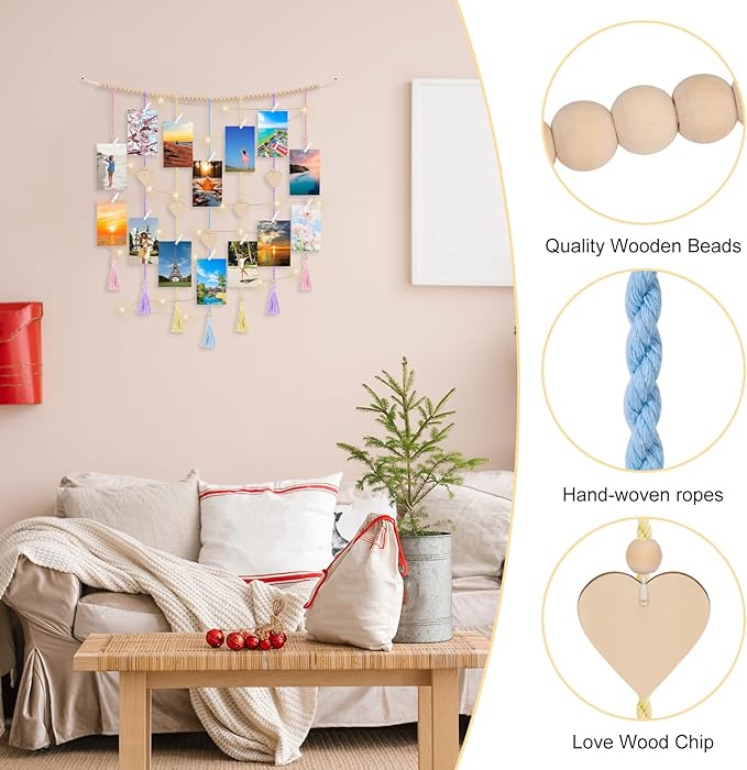 Boho Macrame Wall Decor with Hanging Photo Display and Fairy Lights 14 Wood - Image 3