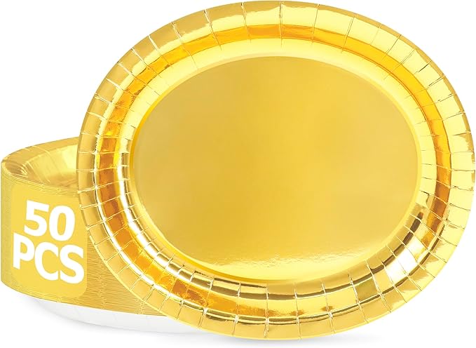 QZYL 50 Pcs Gold Foil Paper Plates, 12.2'' X 10.2'' Oval Large Paper Plates by QZYL