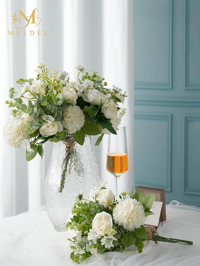 Meldel 3 Pcs Bouquet Rose Artificial Fake Flowers Eucalyptus Plants Faux Silk - Image 5