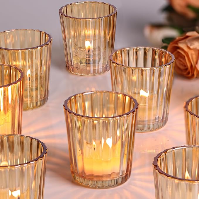 8PCS Vintage Ribbed Gold Votive Candle Holders, Glass Candle Holder by NITIME