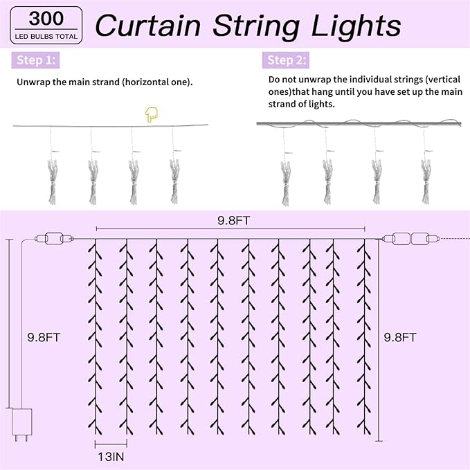 300 LED Rainbow Curtain String Lights 9.8 * 9.8FT Plug in Fairy - Image 6