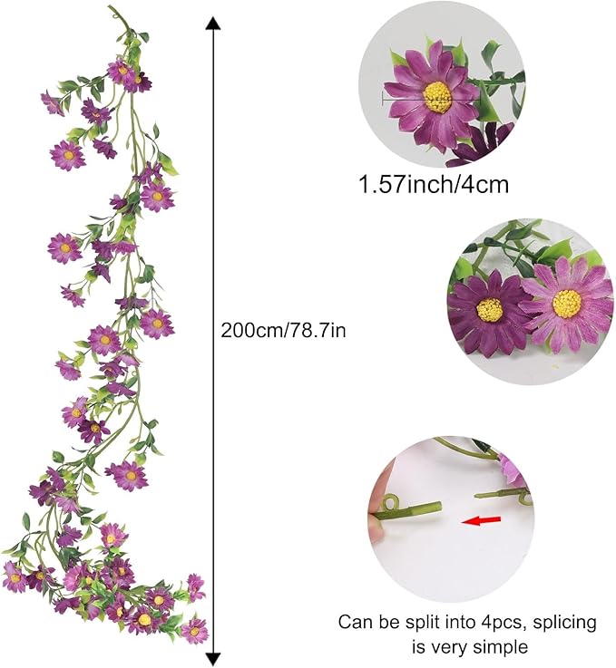 2 Pack Artificial Purple Flower Garland Silk Daisy 13FT Fake Vines Purple - Image 7