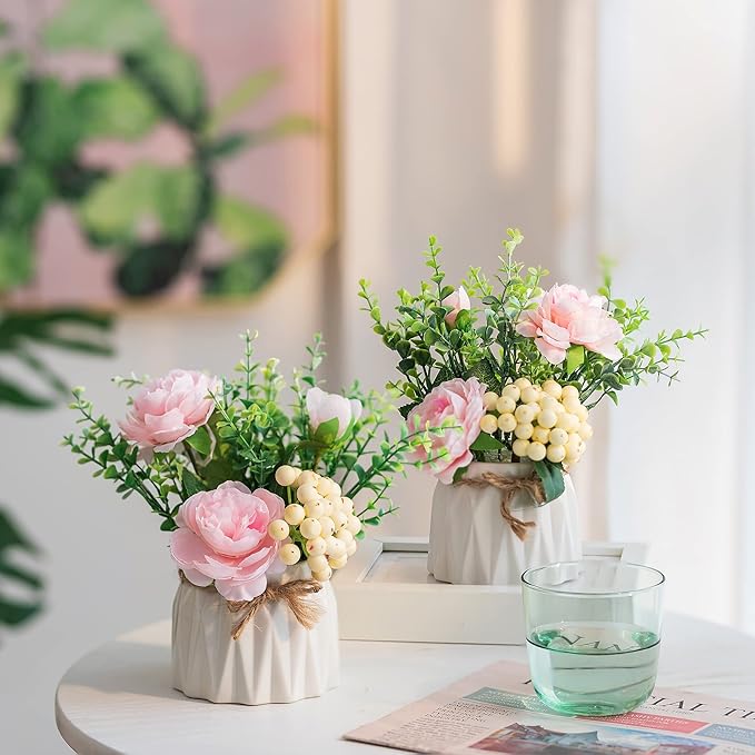 BLOSMON Table Decor Artificial Flowers Vase 7 Inch Small Fake Pink Flower - Image 3