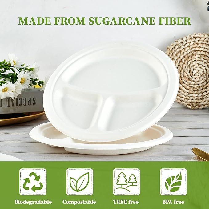 ECOLipak 150 Pack Compostable 3 Compartment Plates, Heavy-Duty Disposable - Image 2