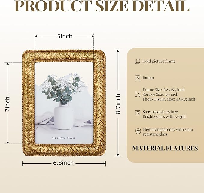 Cuspin 5x7 Gold Picture Frame, Ornate Decorative Rattan Resin Photo Frame - Image 6