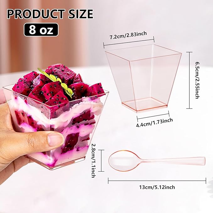 YOUBET 102 PCS Plastic Dessert Cups - 8oz Pink Clear Square Cups - 51 Pack Mini - Image 2