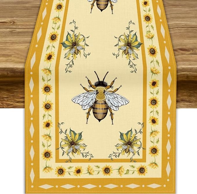 Honey Bee Table Runner, Farmhouse Yellow Sunflower Retro Summer Linen Tables by JanJCurt