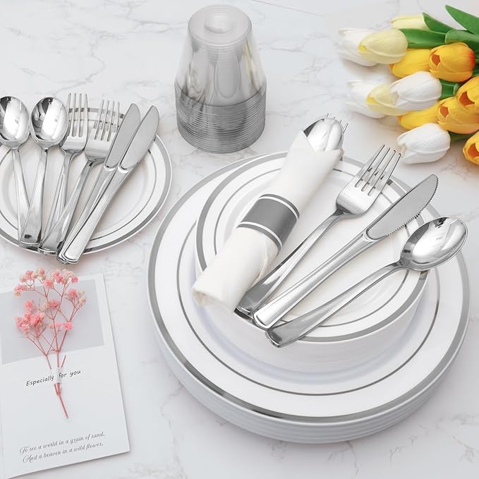 Goodluck 175 Piece Silver Plastic Dinnerware Set - Image 5