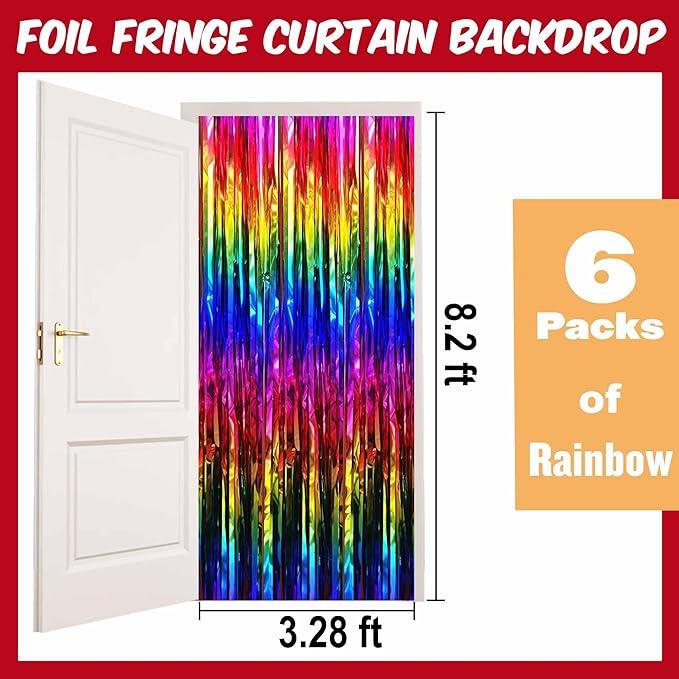 6 Pack Rainbow Foil Fringe Curtains Backdrop, 3.28 x 8.2 Ft Metallic Streamers - Image 2