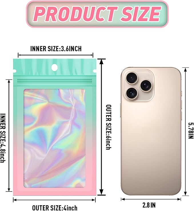 Funfery 100 Pack Gradient Holographic Bags, Mylar Resealable Bags - Image 2